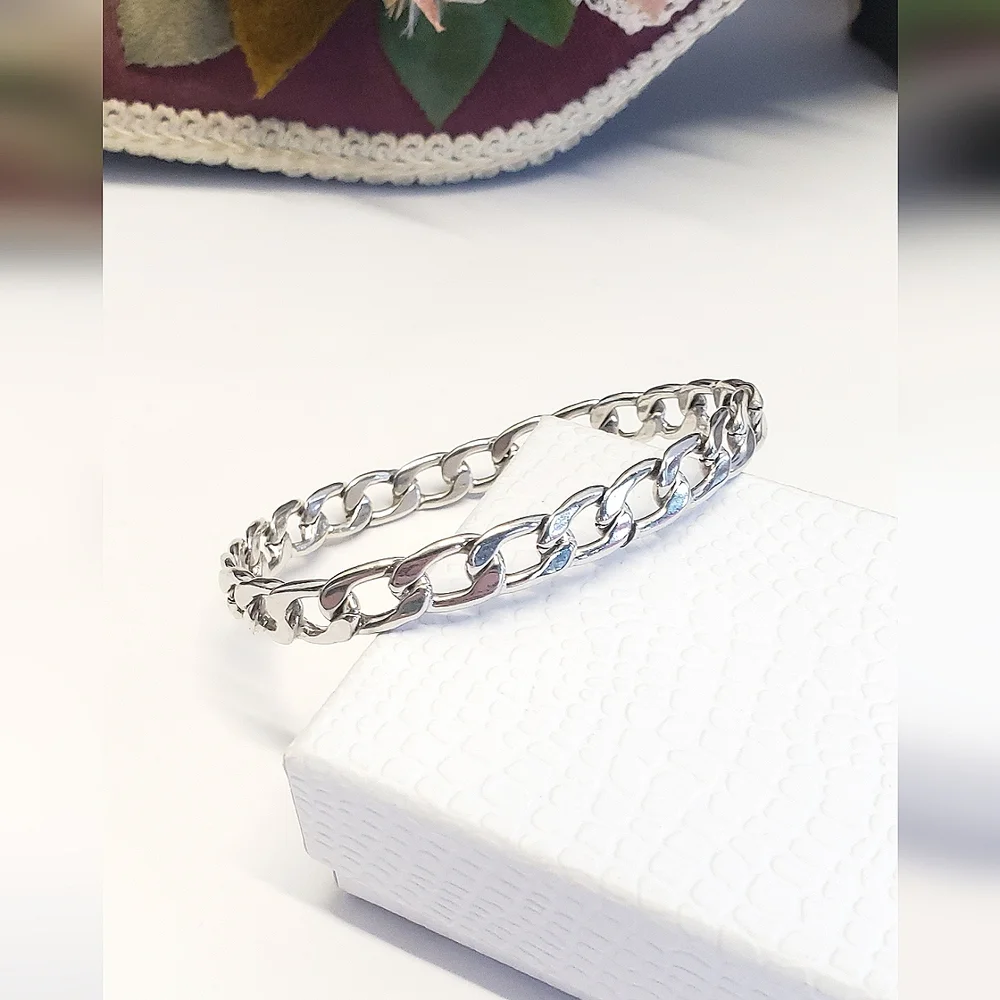 Silver Plated Curb Chain Link Bangle Bracelet Classic Style Chain Bangle